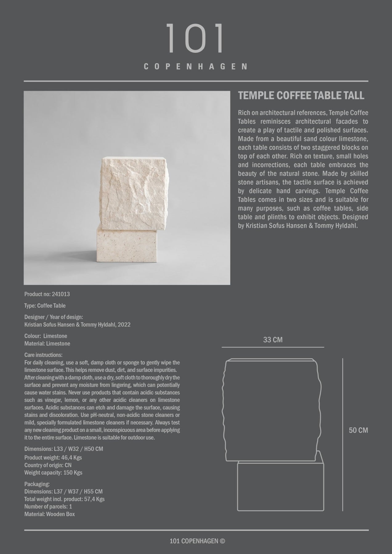 Temple Coffee Table, Tall - Limestone
